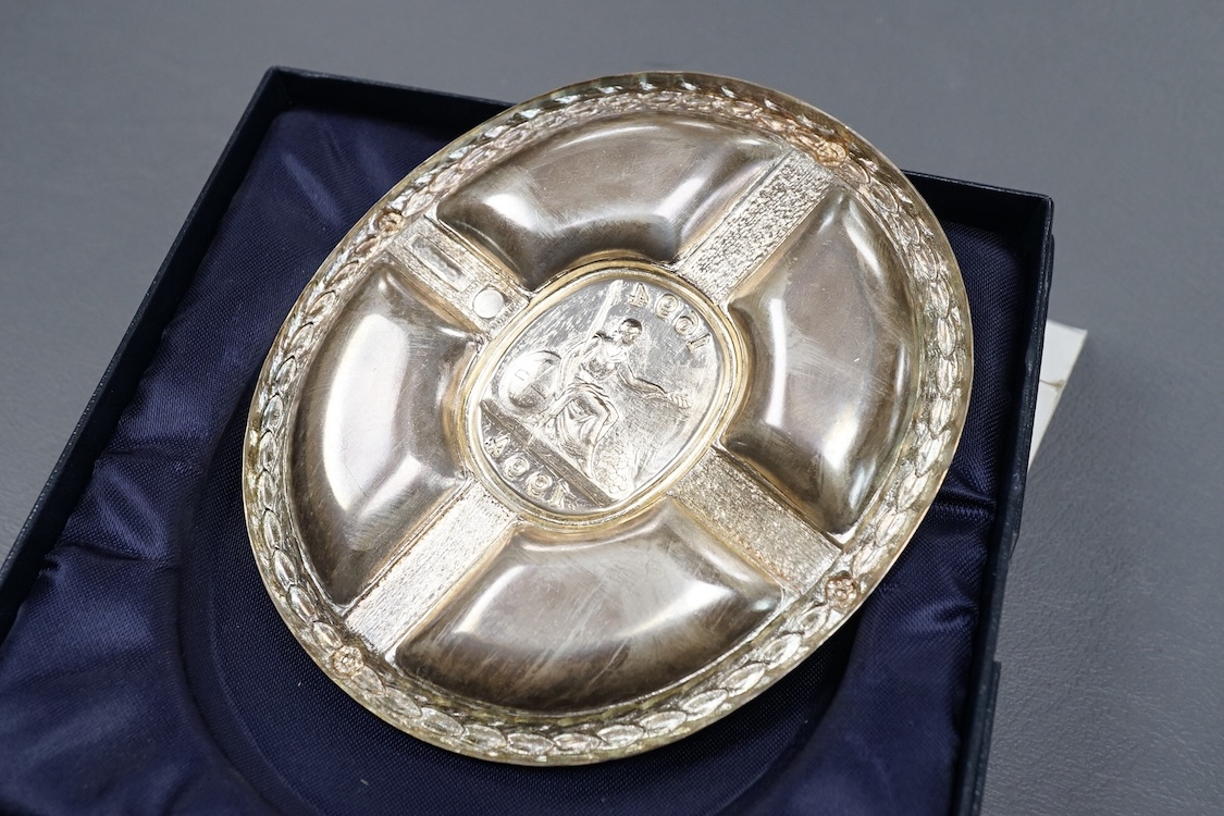 A collection silver to include a modern commemorative Britannia standard dish, cased, a cased set of six George VI teaspoons and other sundry flatware.
